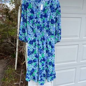 NWT Talbots Gorgeous Blues Greens Floral 3/4 Sleeve Tea Length Dress